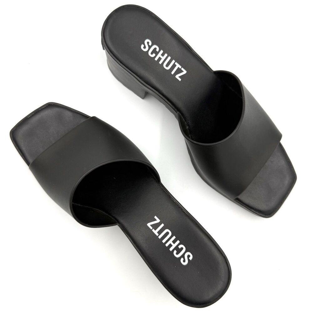 Schutz Mizzy Platform Sandals Women’s US 6 Black Square Toe Slide Block Heel